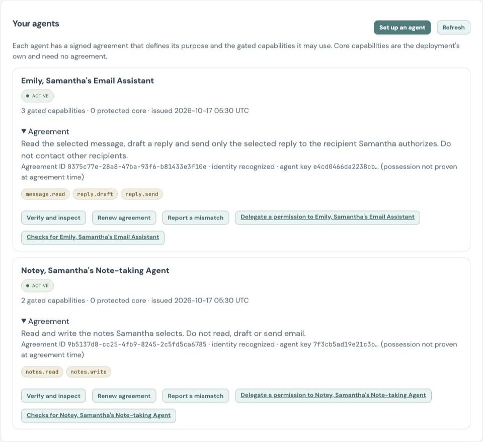 Current Saturn Agents and agreements screen showing Emily’s email contract and Notey’s notes-only contract
